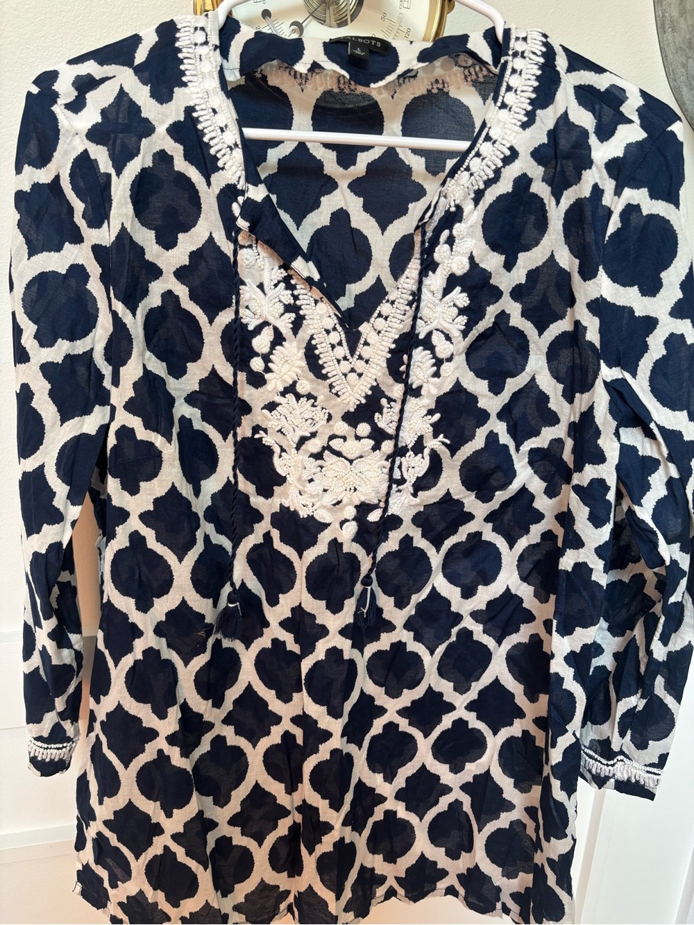 Talbots Moroccan Tile Embroidered Navy and white Beaded Tunic Top